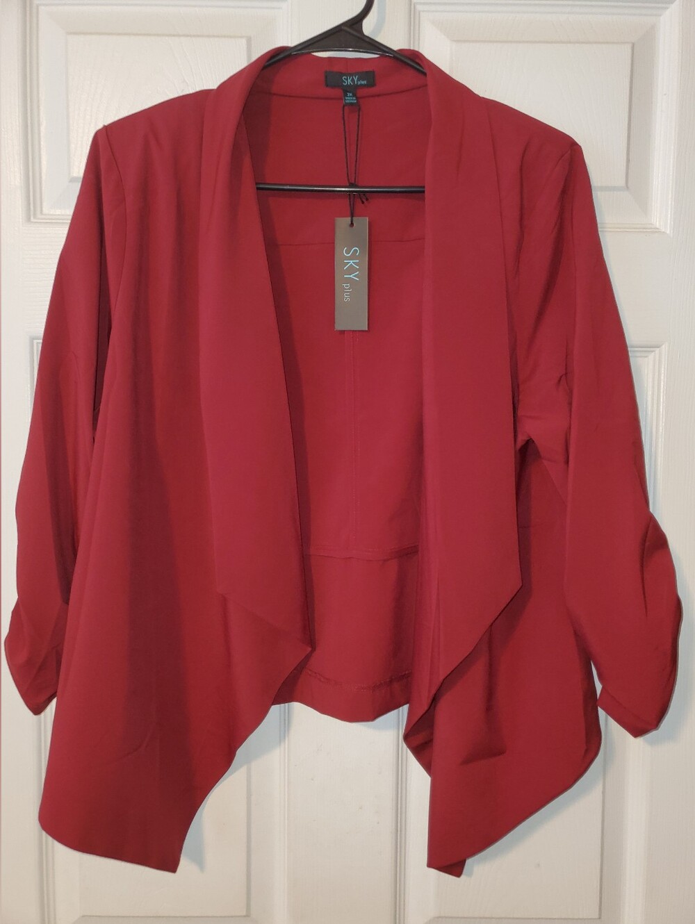 SKY Plus Red Draped Open Front Jacket